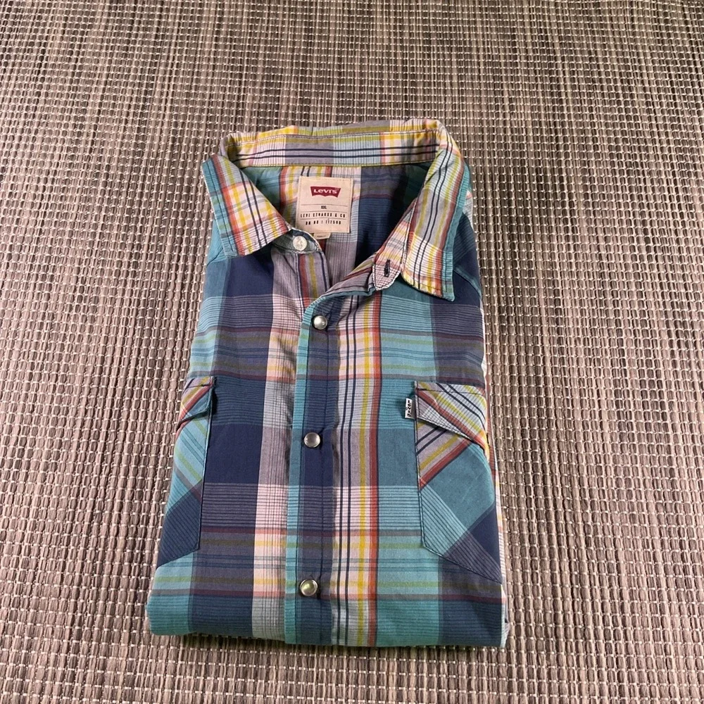 Levis Mens XXL Pearl Snap Western Shirt Turquoise Plaid Long Sleeve 3LYLW3302